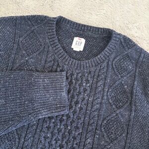 GAP Men L Tall Cable Knit Sweater Blue Fisherman Chunky Grandpa Preppy Old Money